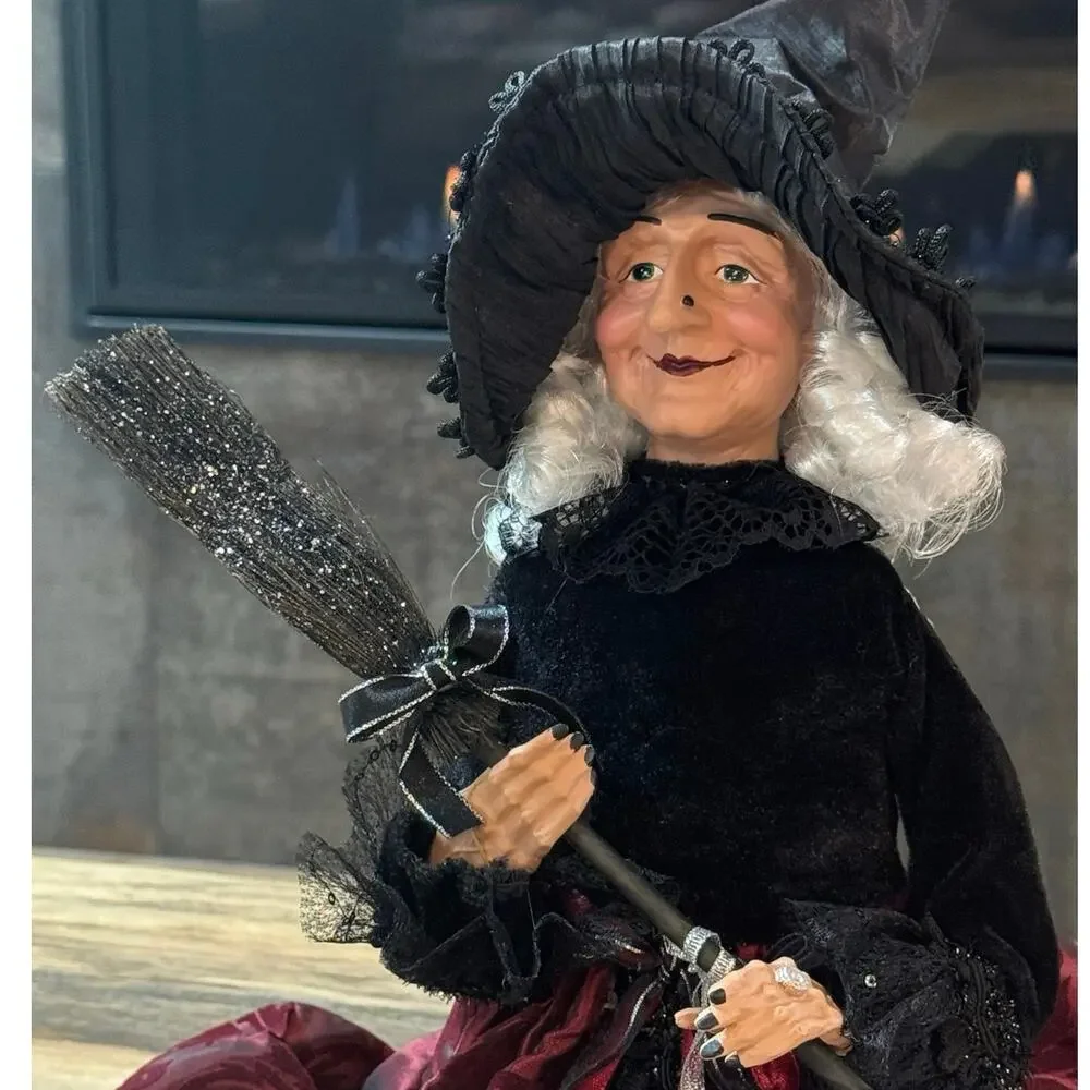 Bella Lux 24” Halloween Witch Doll Shelf Sitter Matilda Burgundy Brocade Broom